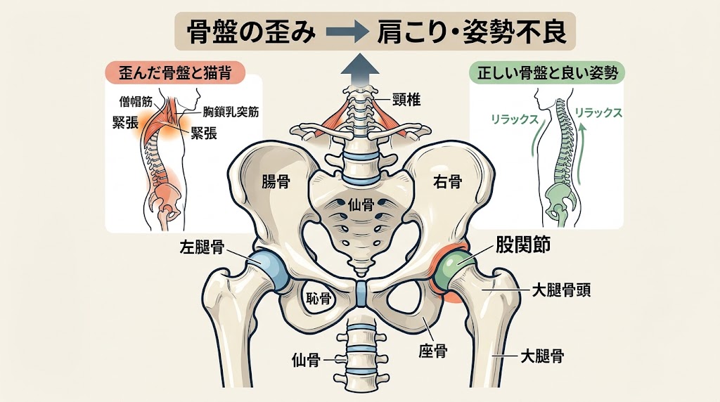 骨盤の位置と周辺の関節を示した骨格イラスト