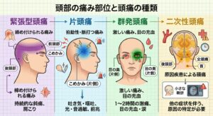 頭部の痛み部位と頭痛の種類(緊張型頭痛・片頭痛・群発頭痛・二次性頭痛)