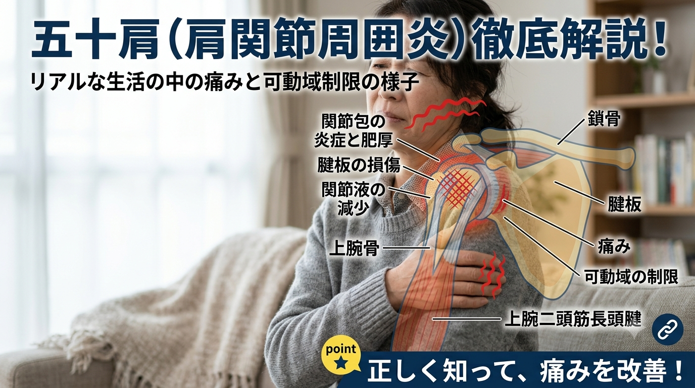 肩関節周囲炎による肩の痛みと腕の動かしにくさのイメージ