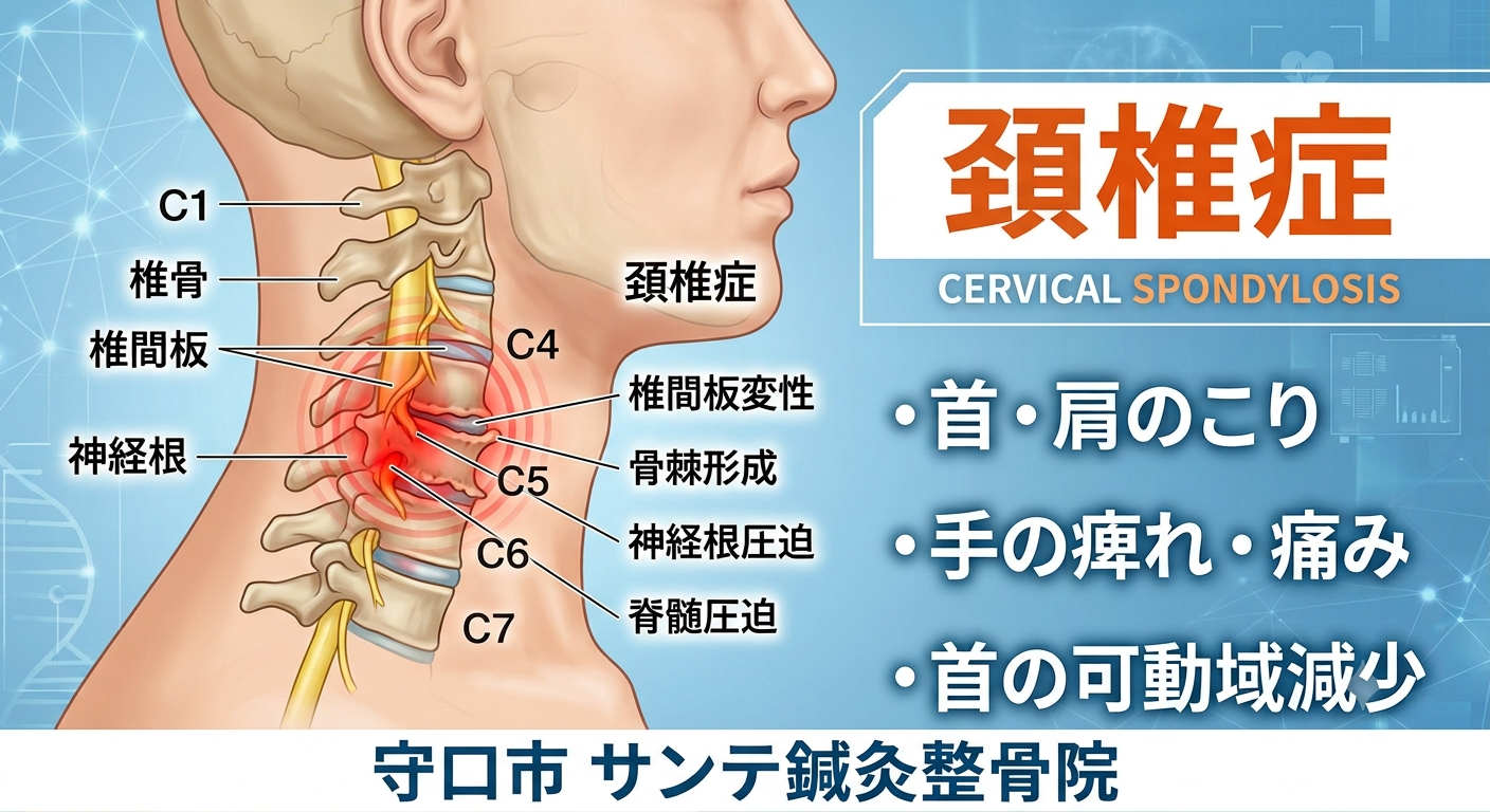 頸椎症による首の痛みや肩こり、手のしびれのイメージ