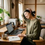在宅ワーク中に肩をほぐしてセルフケアをする女性｜守口市の肩こり対策