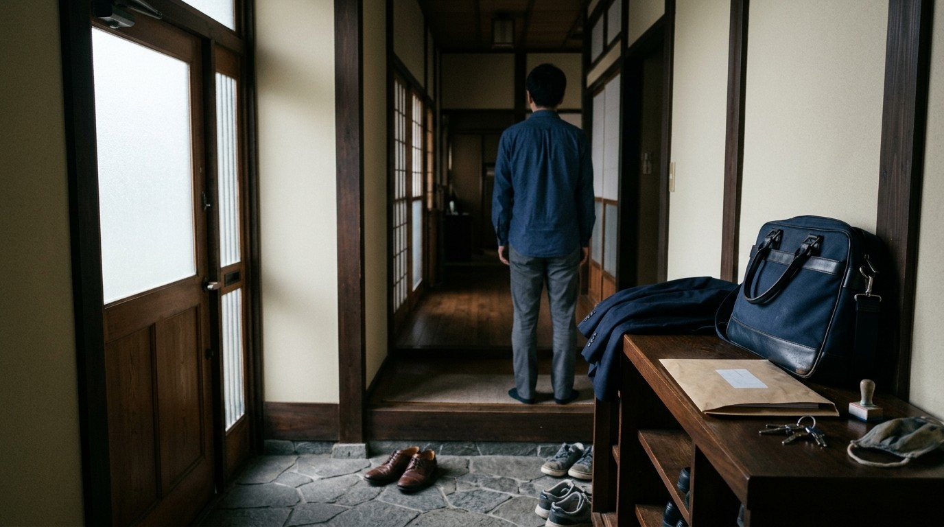 仕事のかばんと書類を静かに見つめる人物のイメージ